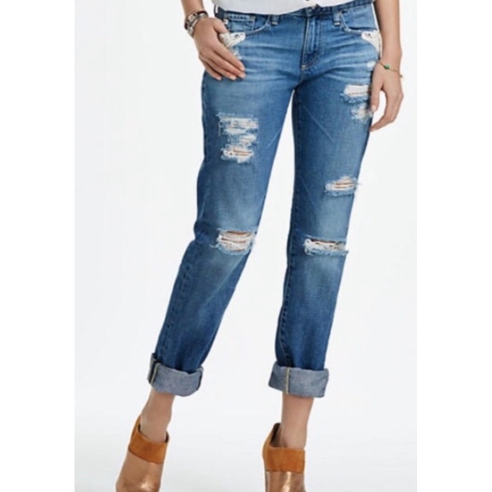 AG Adriano Goldschmied Piper Slouchy Slim Blue Distressed Jeans Sz 28 Denim Lace